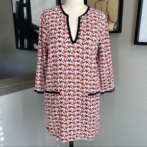 TORY BURCH orange-ish red and white floral printed linen tunic